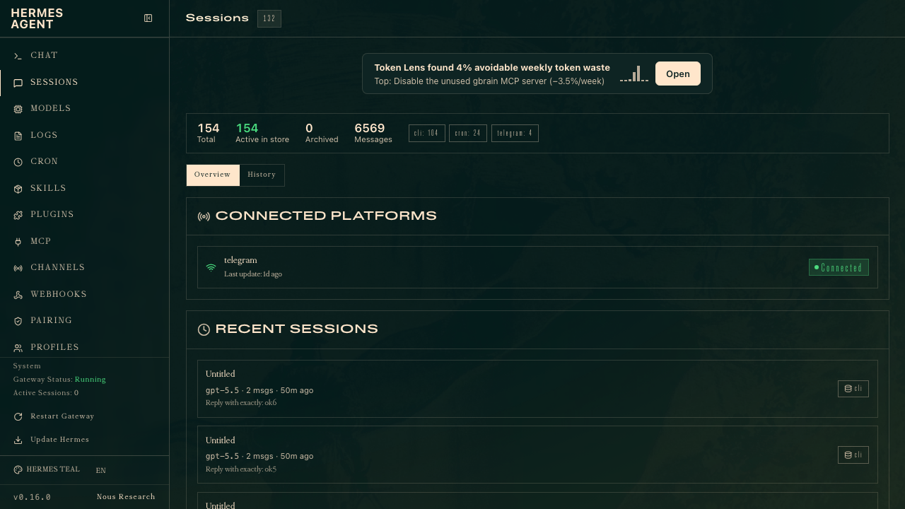 Token Lens entry card embedded in the Hermes sessions page